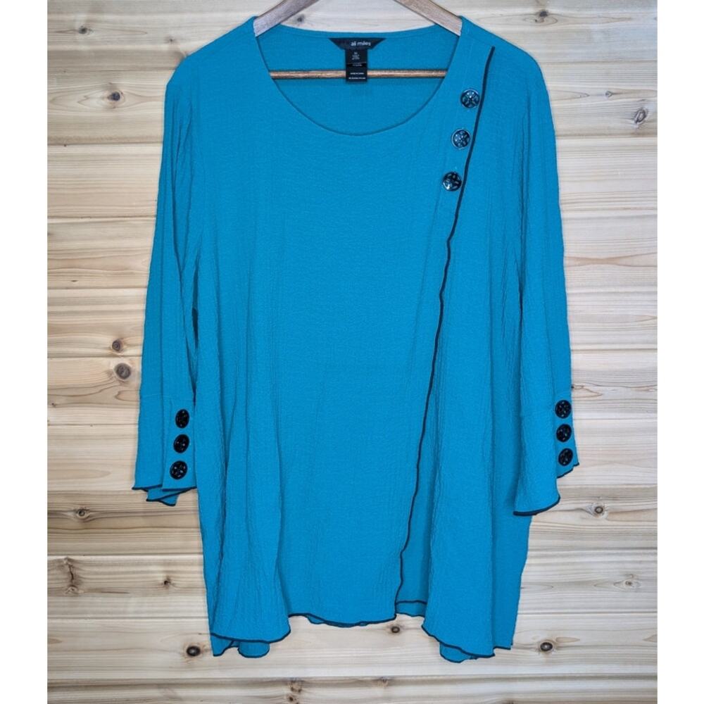 Ali Miles Top‎ Womens XL Teal Crinkle Blouse Art